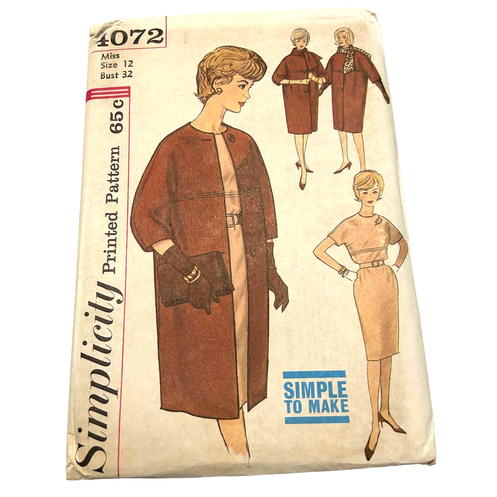 Simplicity Vintage 1960's Pattern #4072 Misses Dress Coat Scarf Size 12